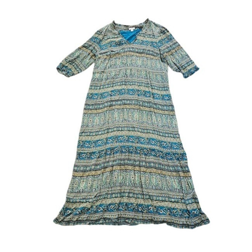 J. Jill Maxi Dress Womens Large Teal Blue Paisley Floral V-Neck Boho Rayon